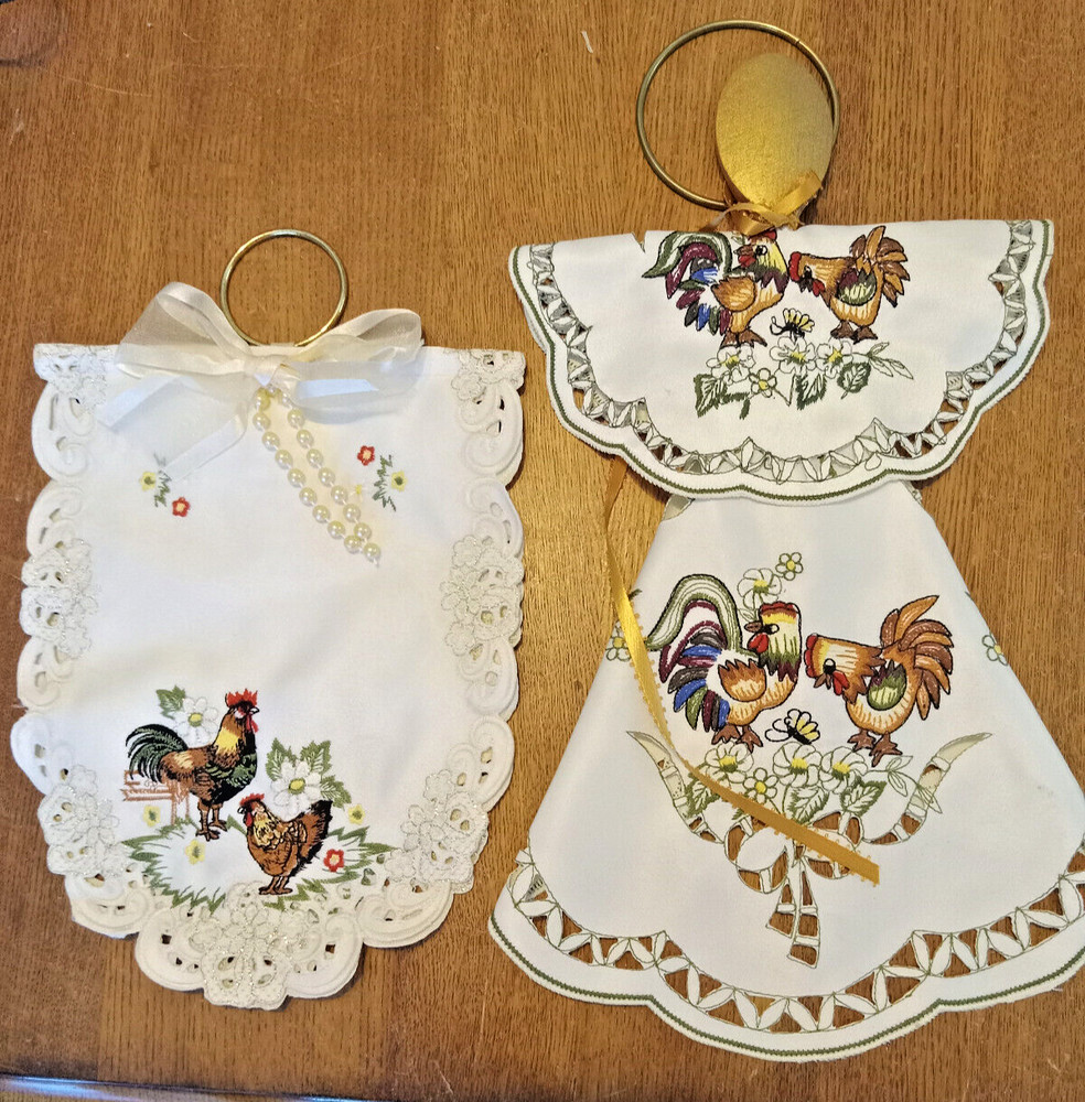 2 KITCHEN SPOON ANGLE HANKY DOLL Embroidered Rooster HANDMADE