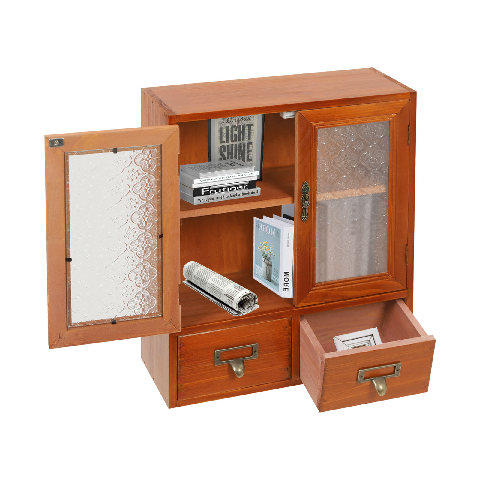 Wood Storage Cabinet, 2-tier Storage Cabinet with 2 drawers, Double Door Storage