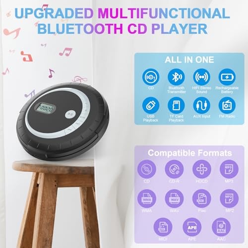 Portable CD Player - Small Rechargeable Bluetooth 5.0 Player for Home Black