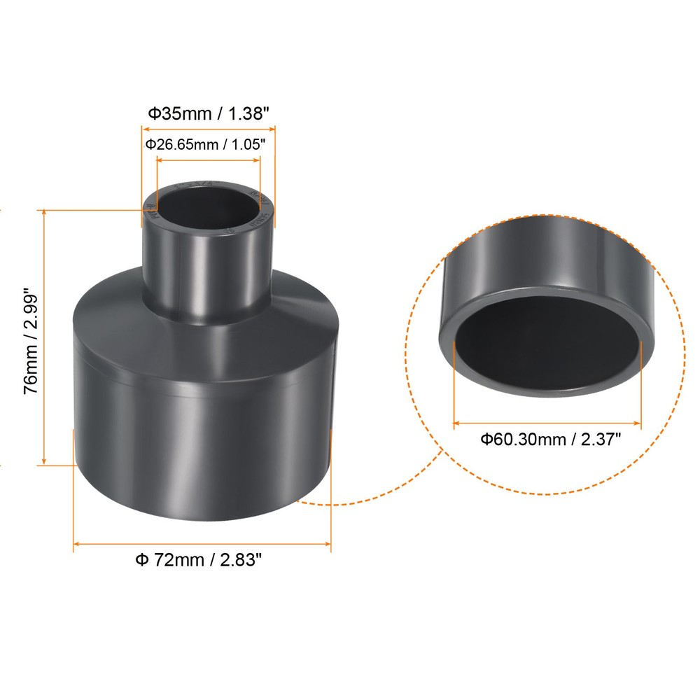 3pcs 2"x3/4" SCH80 UPVC Reducer Pipe Fitting Straight Coupling Connector, Grey