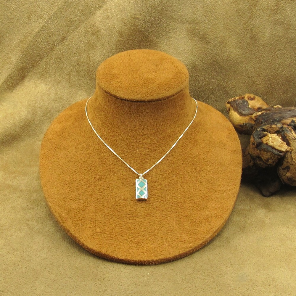 Sterling Silver Rectangle Block Turquoise Pendant Necklace