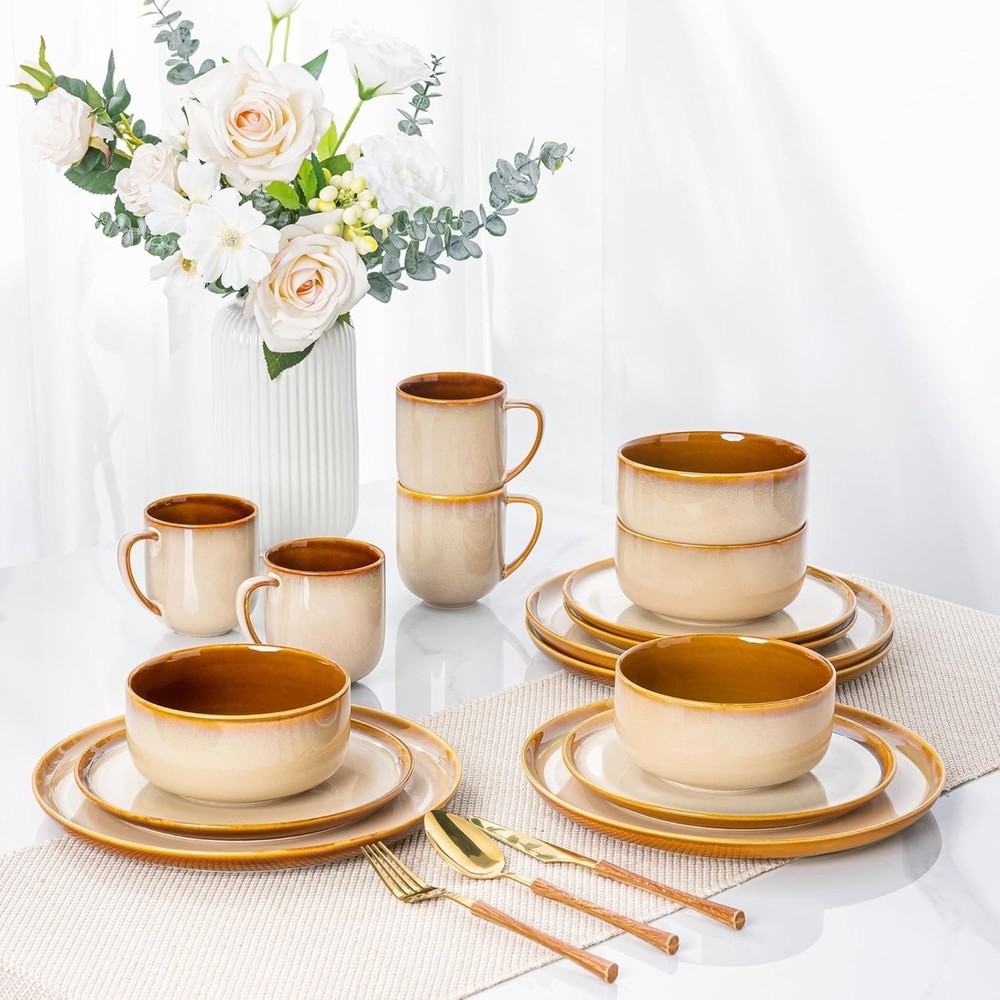 LERATIO Ceramic Dinnerware Sets for Service 8 （24pcs）, Modern-Kahki