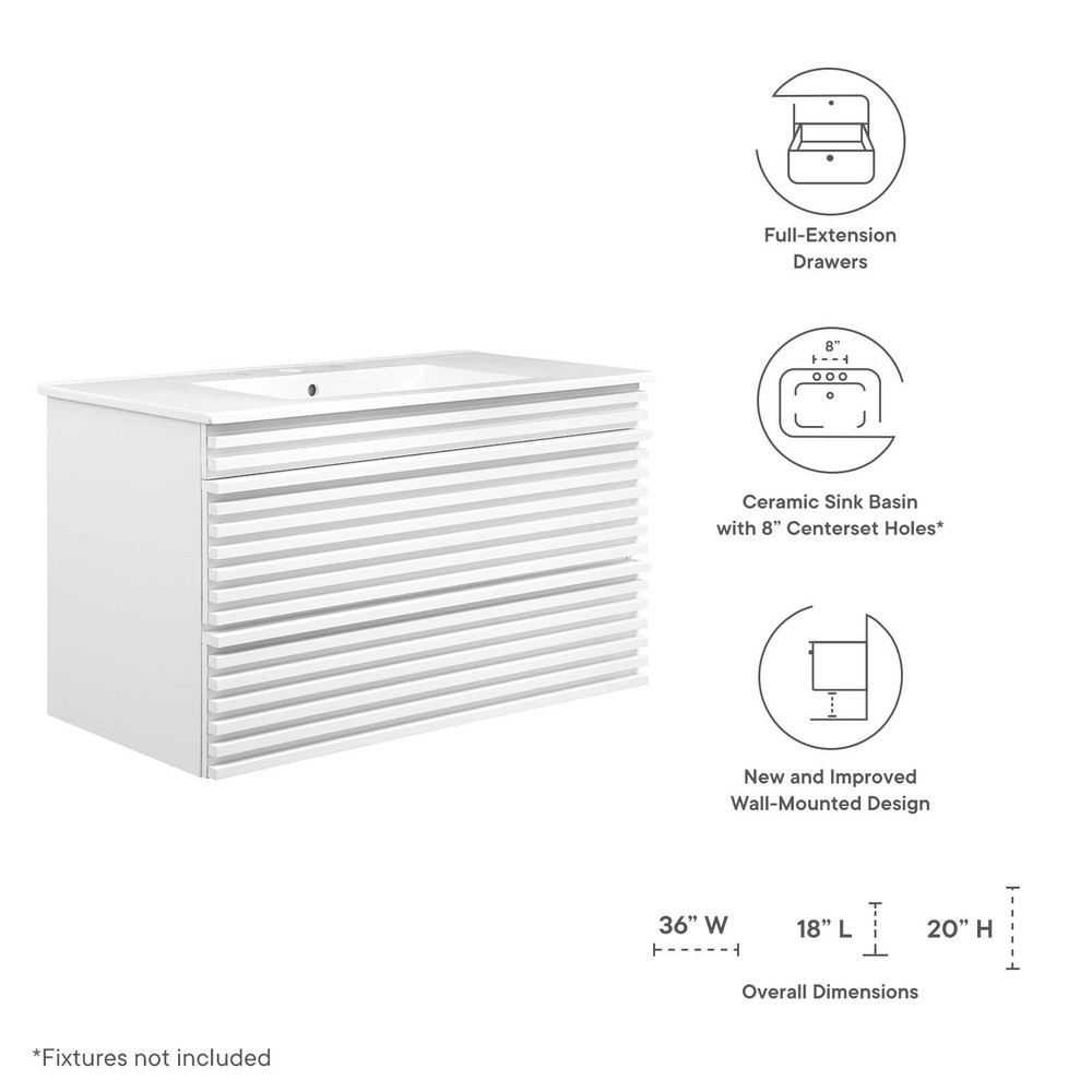 Modway Render 36" Wall-Mount Bathroom Vanity in White White