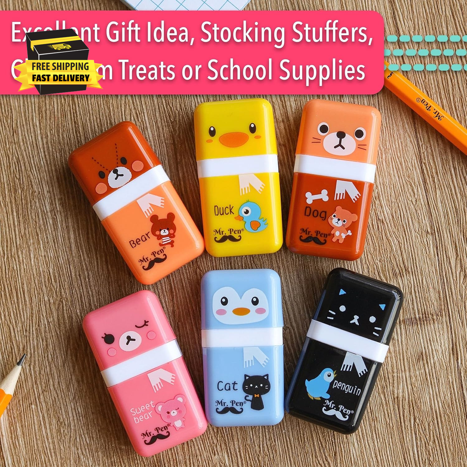 - Eraser with Cover and Roller, 6 Pack, Animal Theme, Cute Erasers for Kids ⭐️⭐️
