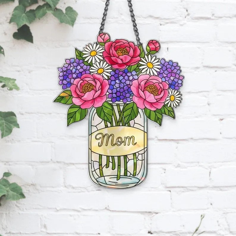 Personalized Mom Flower Jar Acrylic Suncatcher Gift