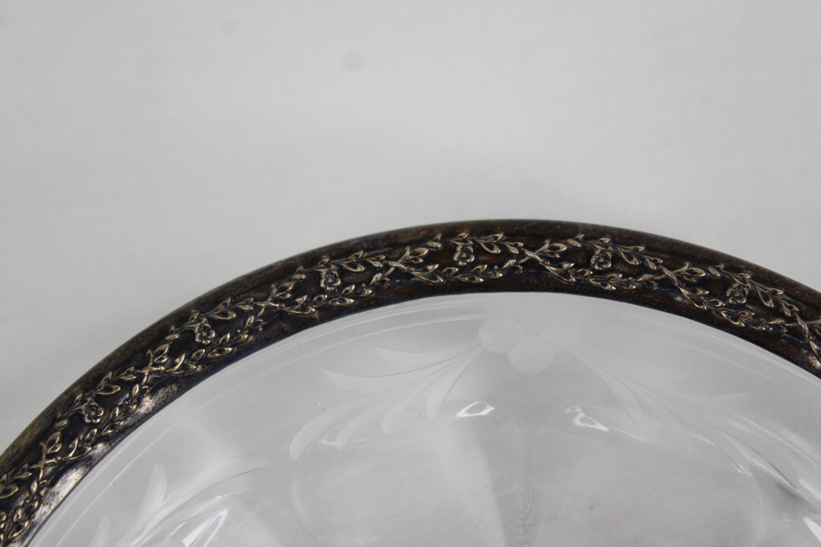 VTG Cut Glass with Sterling Silver Rim Bowl Berry and Leaves Pattern 6 1/2 inch