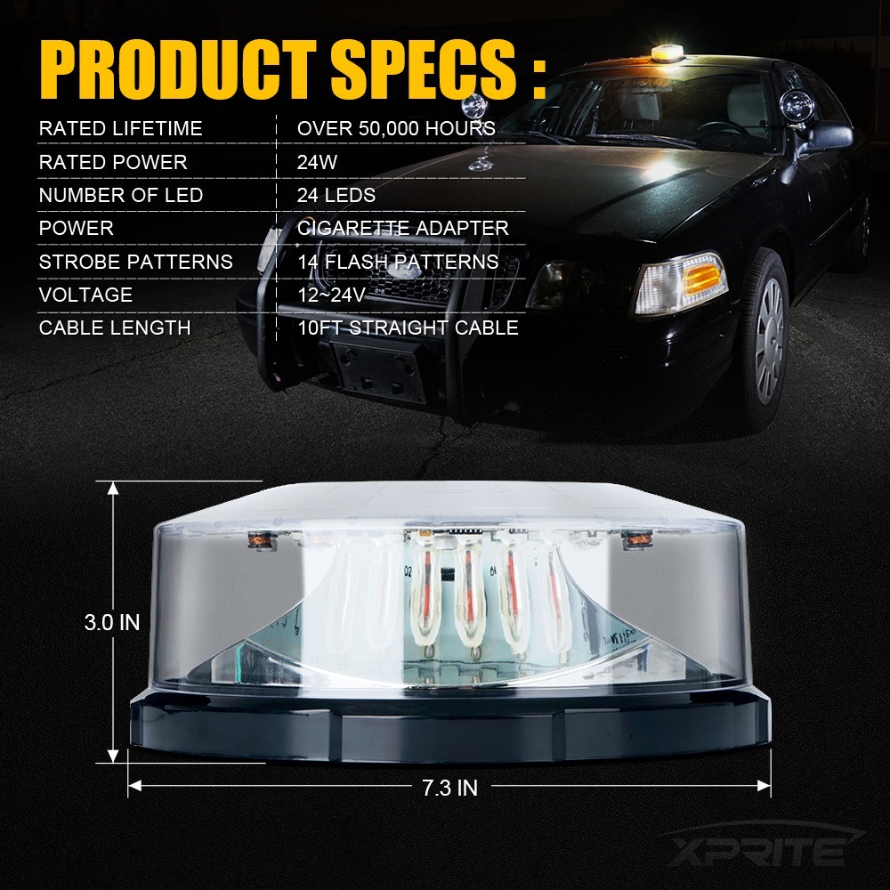 Amber White 24 LED Rooftop Flash Strobe Light Emergency Beacon 14 Flash Pattern