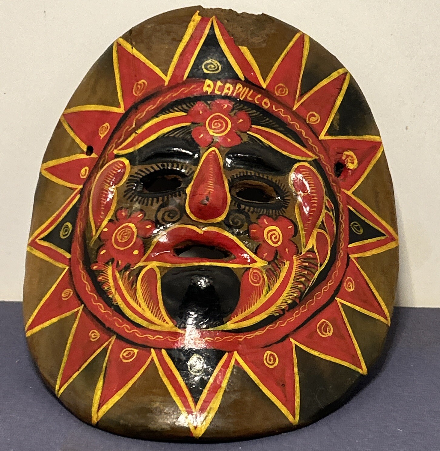 Vintage Mexican Brown Ceramic Hanging Mask Folk Art Hand Made