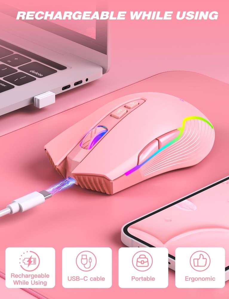 Wireless Mouse Ergonomic Optical RGB Backlit 6 Adjustable DPI 3600 Cordless