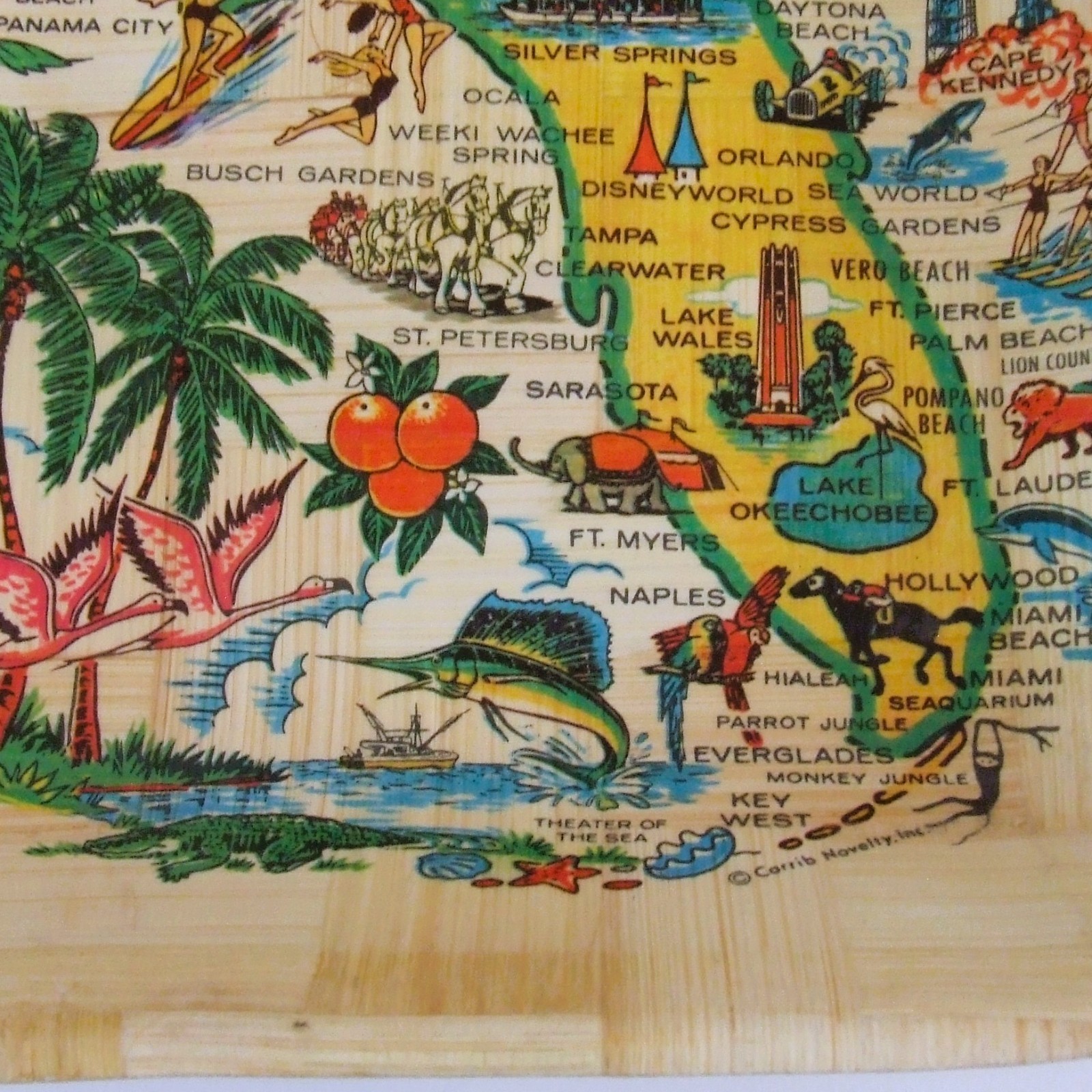 Carrib Novelty Florida State Map Square 11" Bamboo Bowl Retro Inspired Souvenir