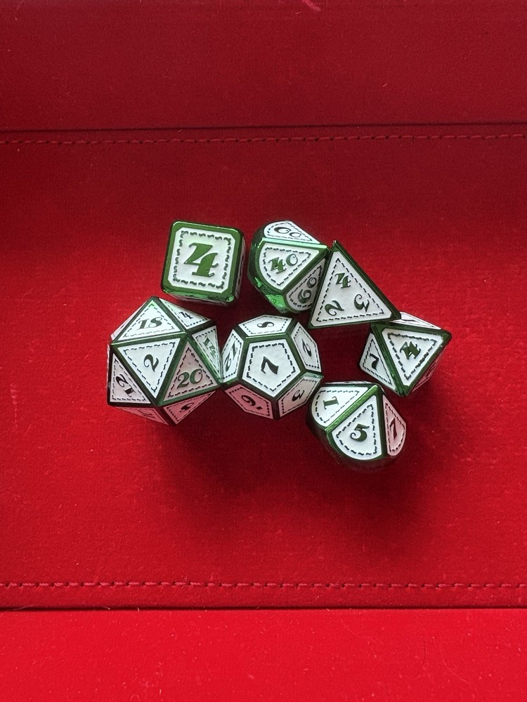 7 Pc Polyhedral Metal Dice Green & White