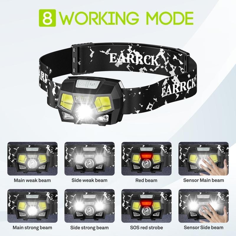 2 Pack LED Rechargeable Waterproff Headlamp, 8 Modes, Motion Sensor Switch