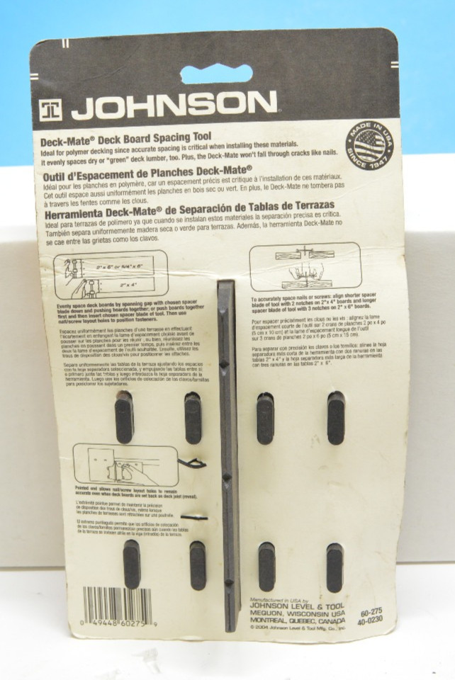 Johnson Level & Tool 60-275 DeckMate Deck Plank & Fastener Spacing Gauge