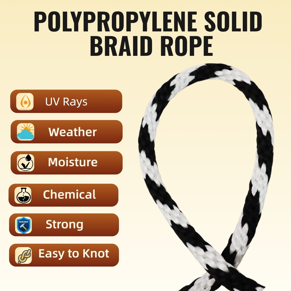 5/8'' 140FT Polypropylene Solid Braid Rope Black White