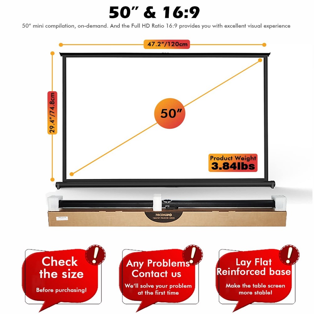 New Portable Mobile 50 Inch Projector Screen Pull Down, 16:9 white