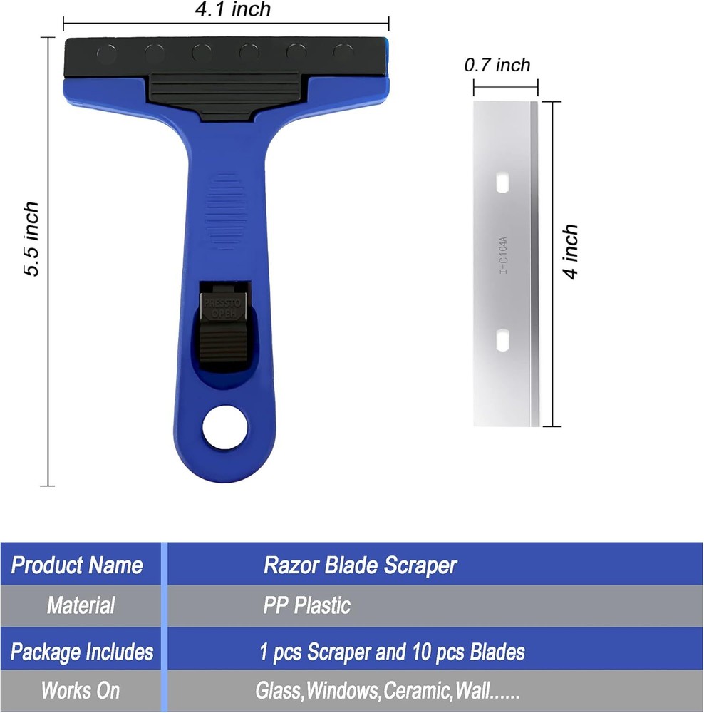 Razor Blade Scraper, 4" Scraper Tool with 10 Extra Replacement Metal Blades, Raz