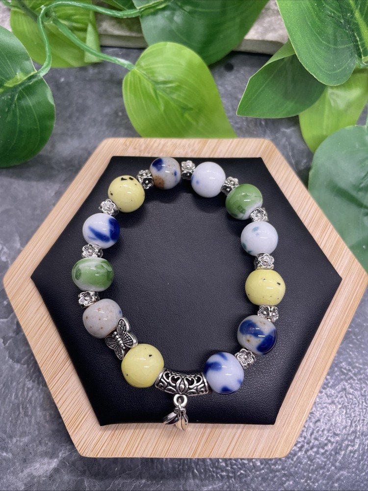 Handmade Ceramic Bead Beaded Stackable 6.25” Plus Stretch Bracelet New B210