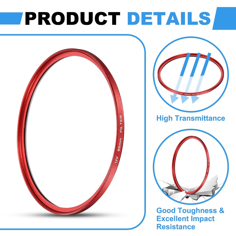 2Pcs 82mm Ultra Slim Lens Filter Multi Coating Camera Len Filter, Red