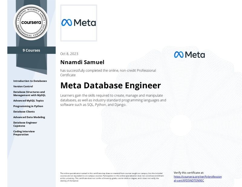 Help Complete Meta Database Engineer Professional Certificate Courses Corusera