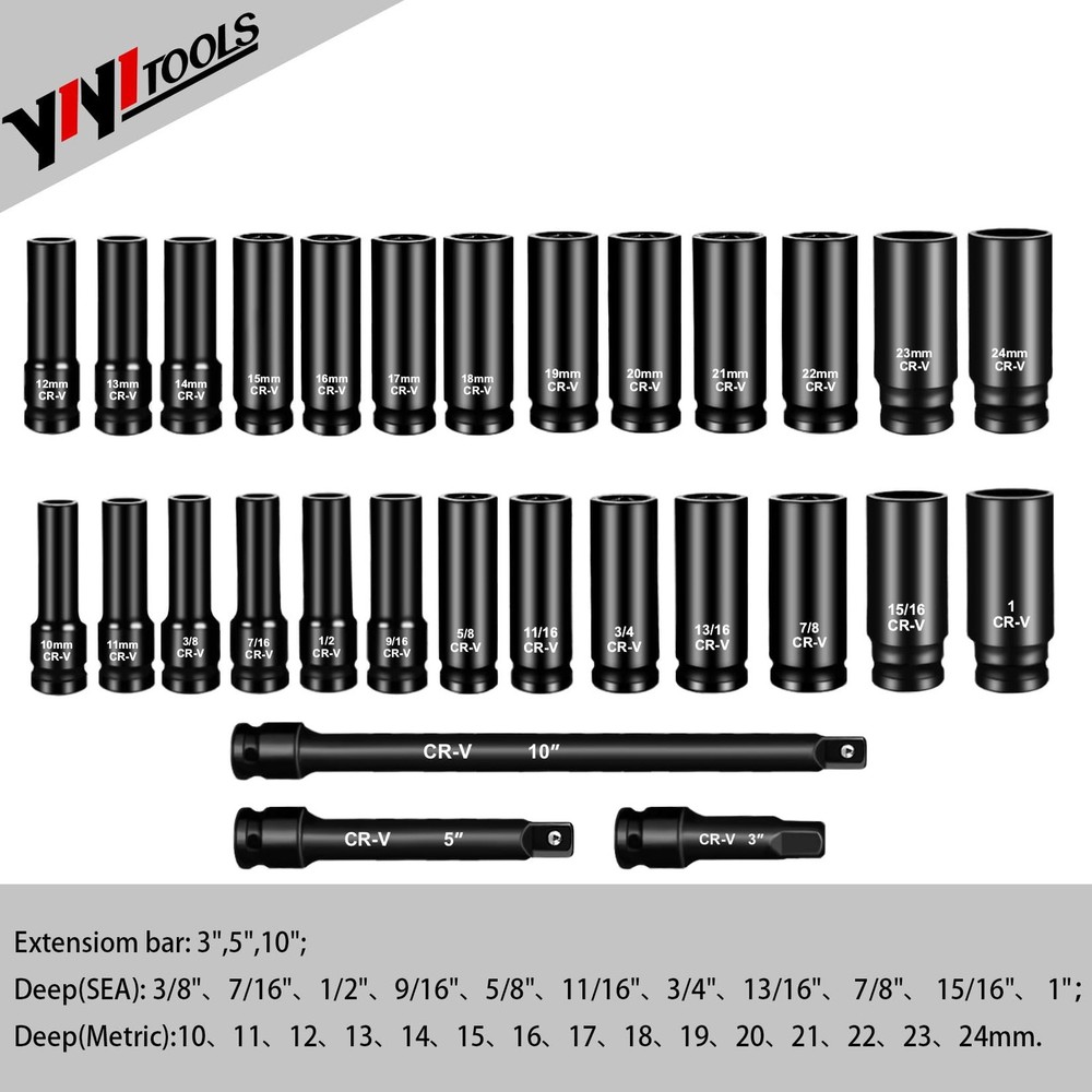 1/2 Drive Socket Set, 29-Piece Deep Impact Socket Set, Standard SAE (3/8"- 1"...