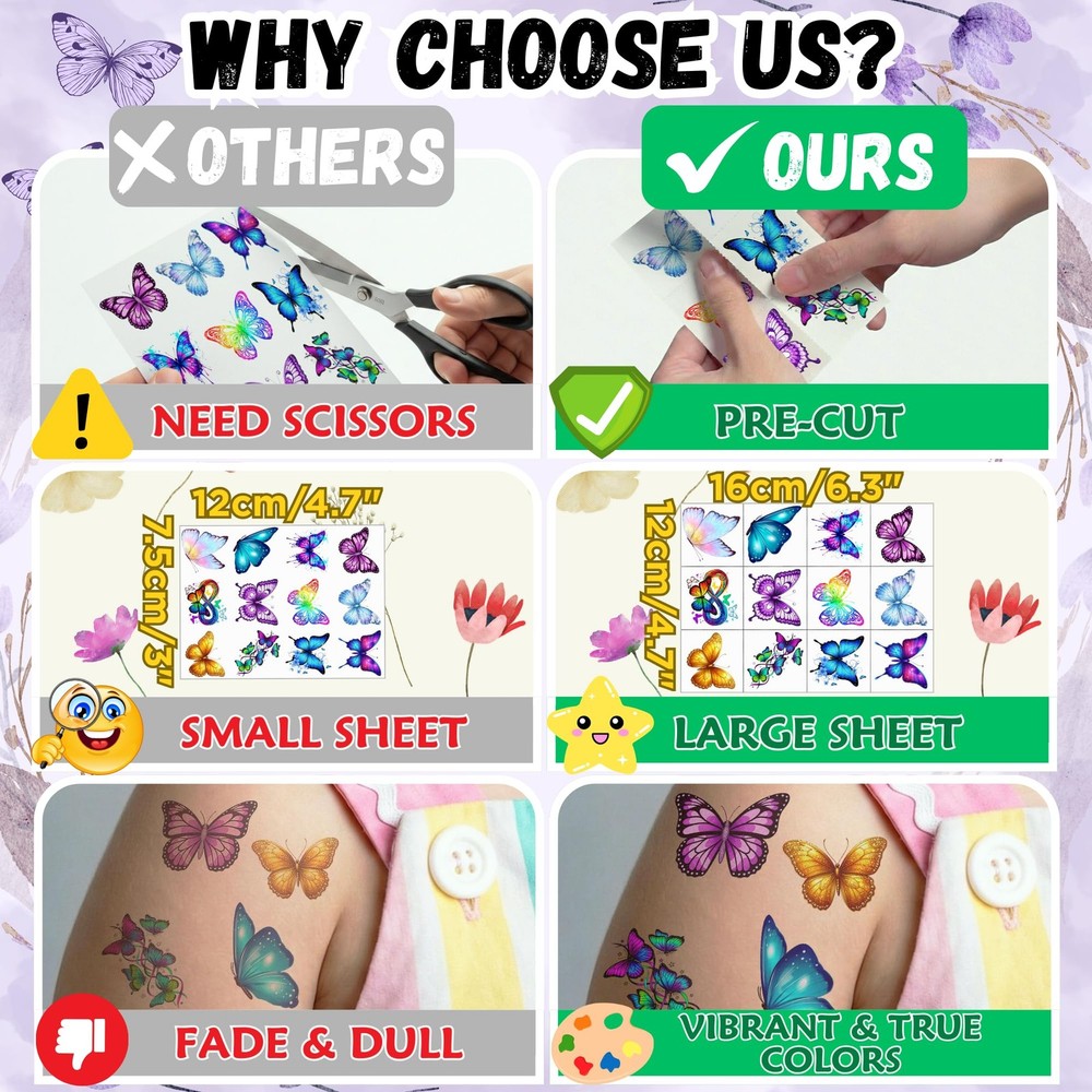 96PCS Butterfly Temporary Tattoos Stickers - Medium,