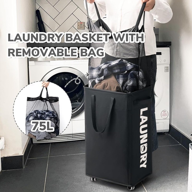 Rolling Laundry Hamper Lightweight Sturdy Canvas W/ Removable Mesh Bag New