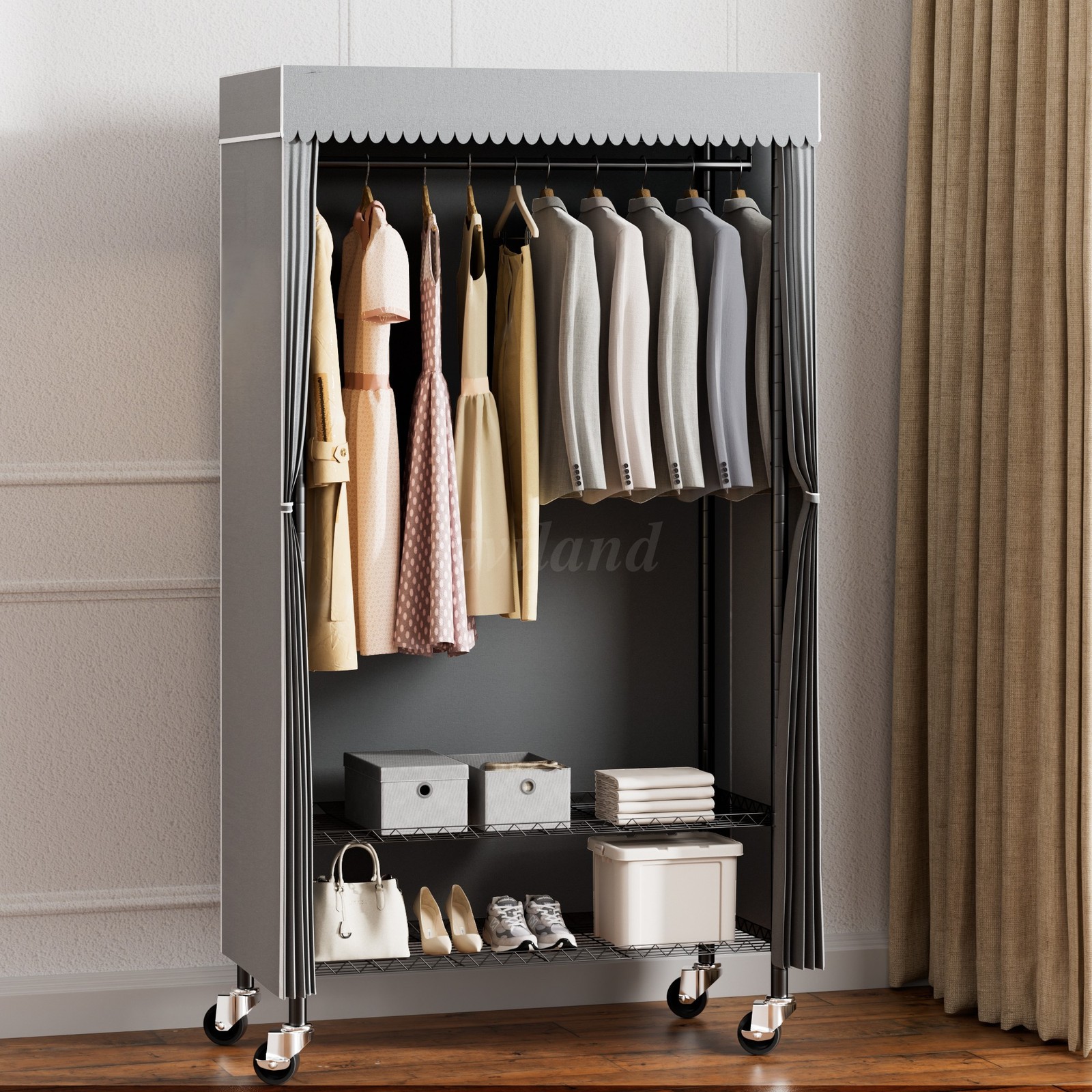 3 Tiers Heavy Duty Rolling Garment Rack with Wheels, Adjustable Shelf, Bedroom