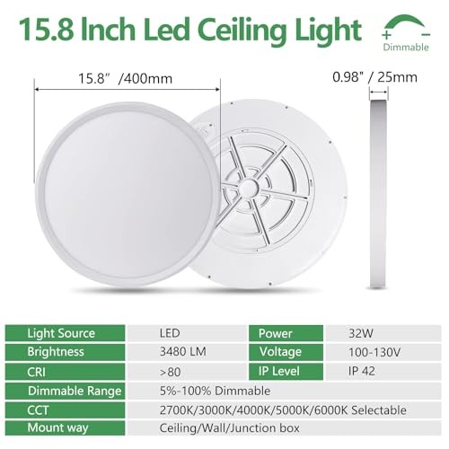 15.8 Inch Dimmable LED Flush Mount Ceiling Light, 32W, 15.8" Dimmable - White