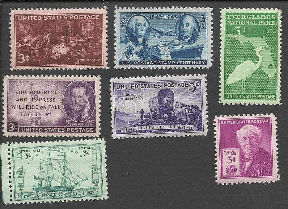 1947 US COMMMORATIVE COMPLETE YEAR SET 7 STAMPS MNH
