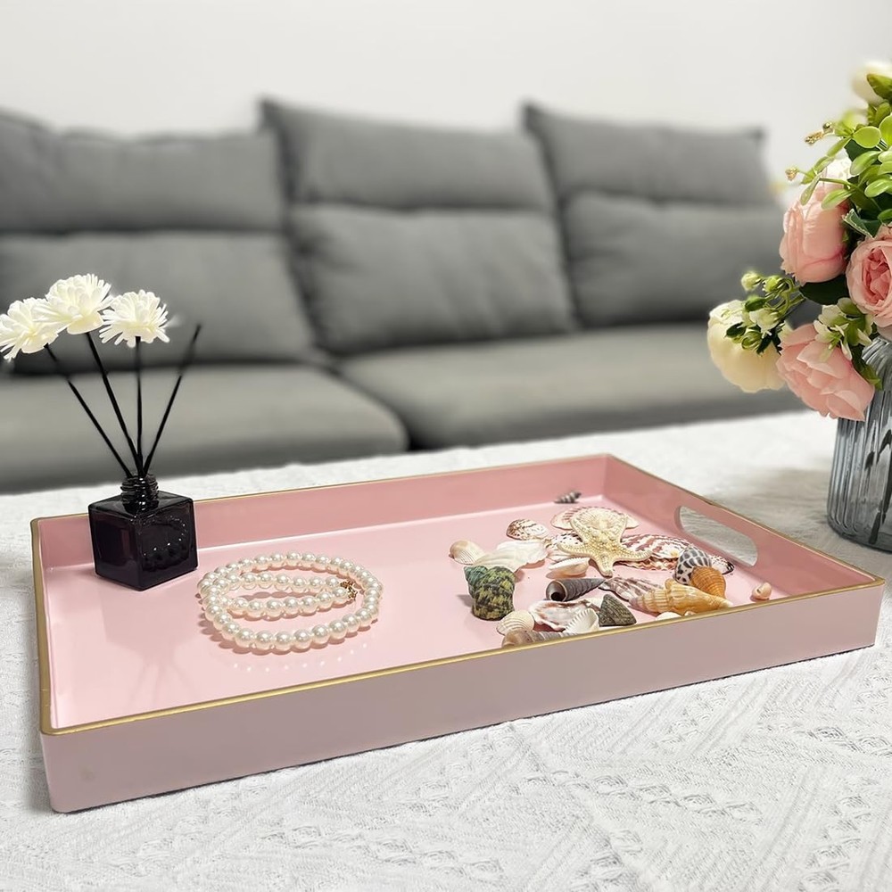 Pink Rectangular Serving Tray, 15.6x10.2x1.37 inch, Decorative Plastic, Handles