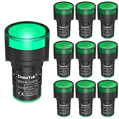 120V Green LED Indicator Light - 22MM (7/8") Power Pilot Light - 10 Pack AC/DC
