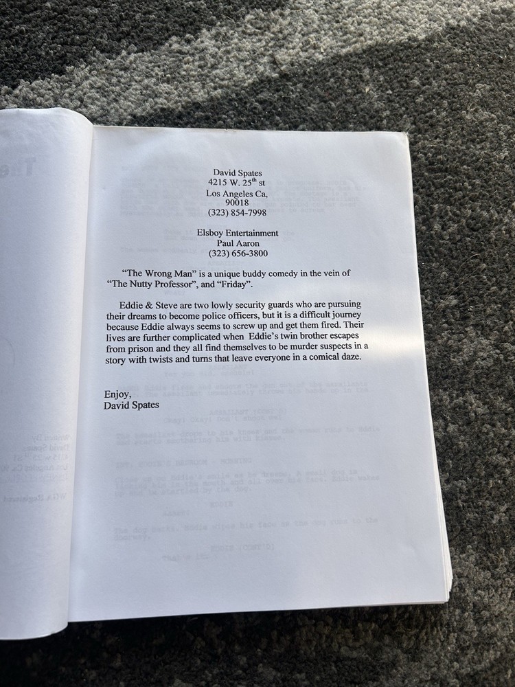 The Wrong man Rare Original Screenplay Script David Spates