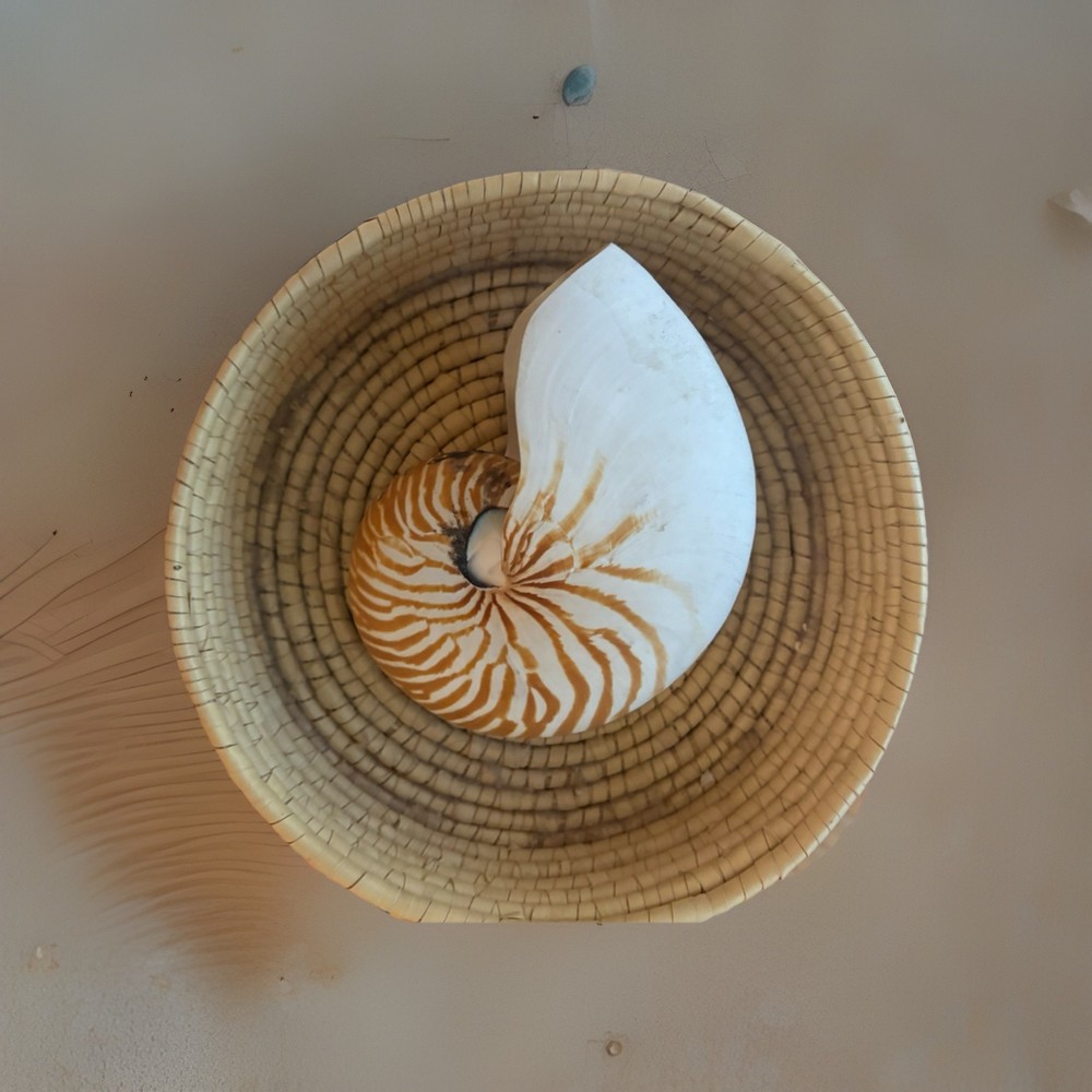 A large, decorative Nautilus shell with striped patterns W/ Coiled Baskety!