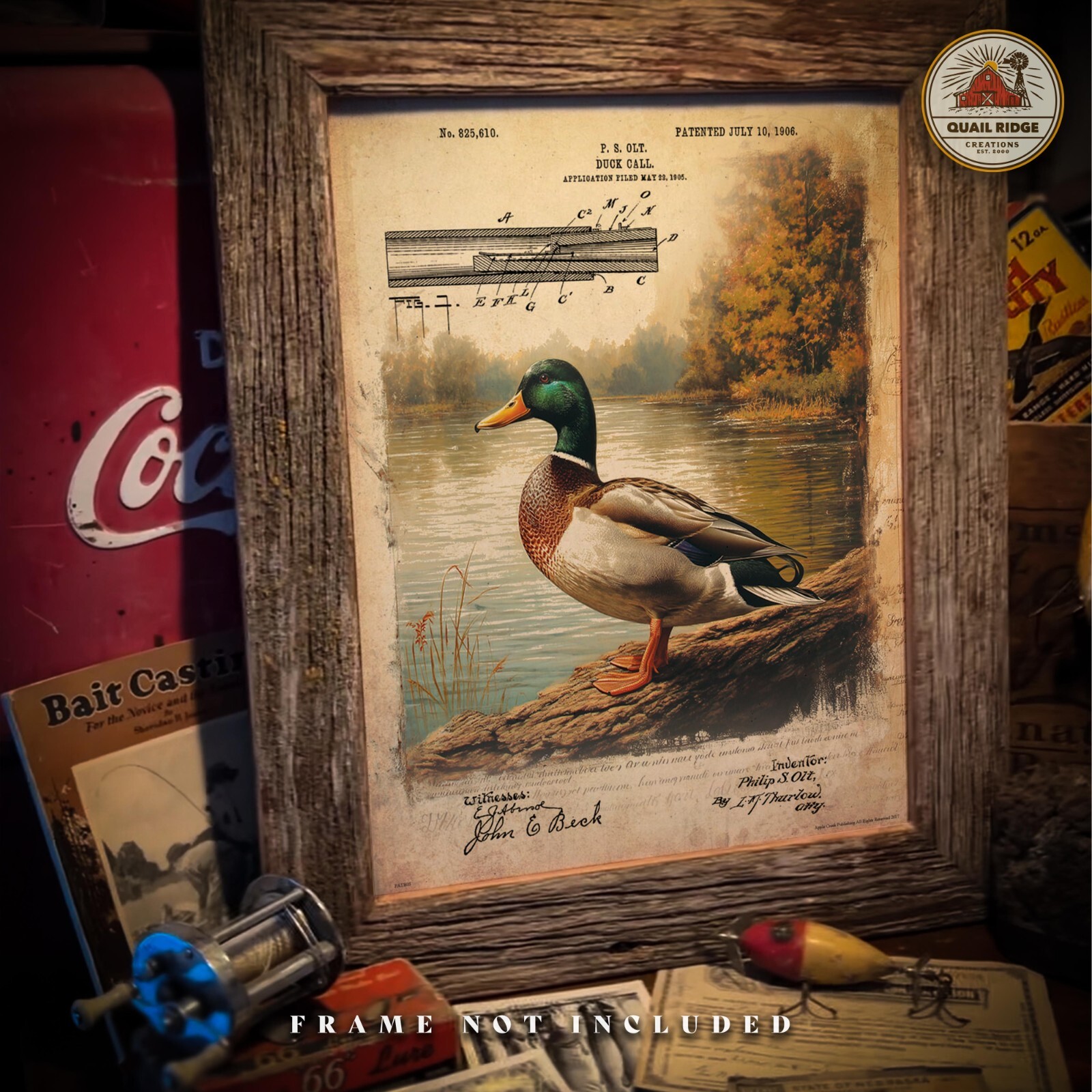 Vintage Duck Hunting Call Patent Art Print Mallard Duck Decoy Cabin Wall Decor