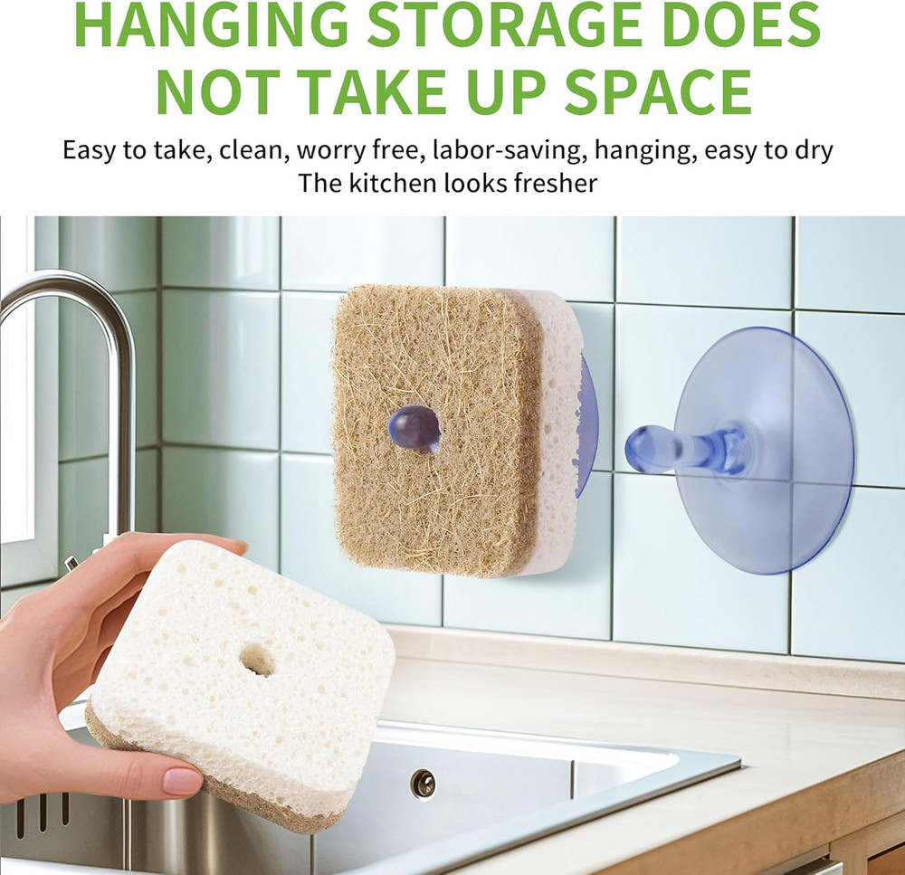 12Pack Natural Kitchen Scrub Dish Sponge with Suction Hanger Biodegradable Comp