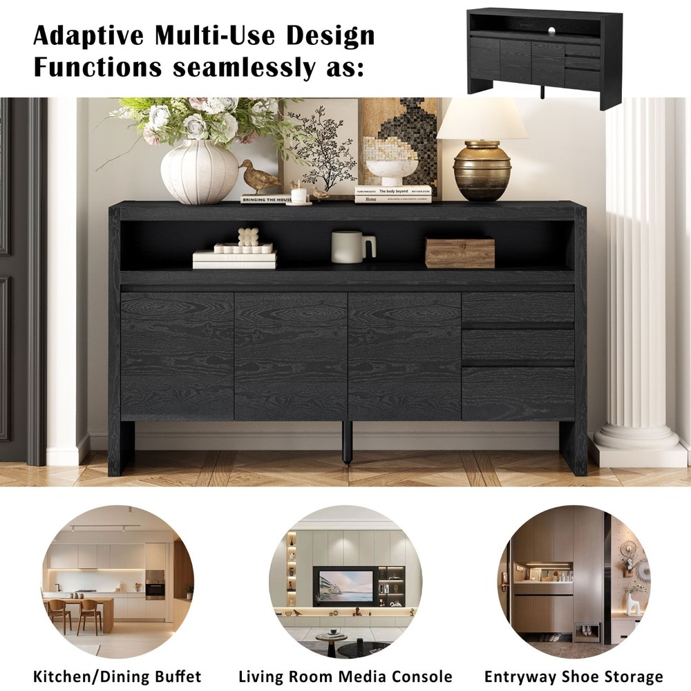 60" Modern Solid Ash Veneer Sideboard (3 Doors+3 Drawers, Semi-Open Shelf