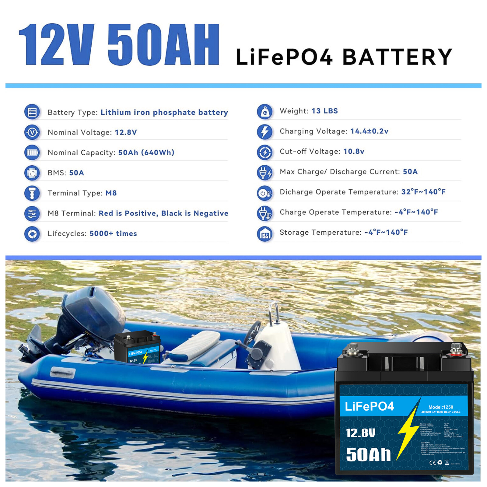 12V 50Ah LiFePO4 Lithium Battery, Deep Cycle, Perfect for RV, Marine