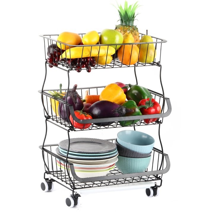 3 Tier Stackable Metal Wire Basket Cart with Rolling Wheels Storage Baskets