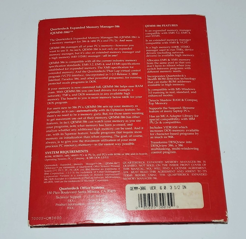Quarterdeck QEMM-386 Expanded Memory Manager v6.0 — Big Box PC Software 3.5"