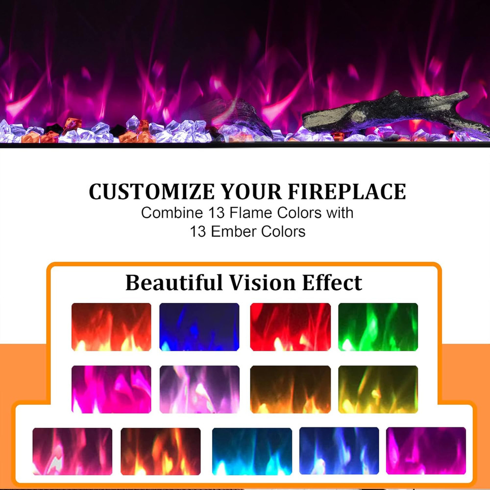 36" Electric Fireplace - Wall Mounted, 13 Flame Colors, Adjustable Temp & Timer