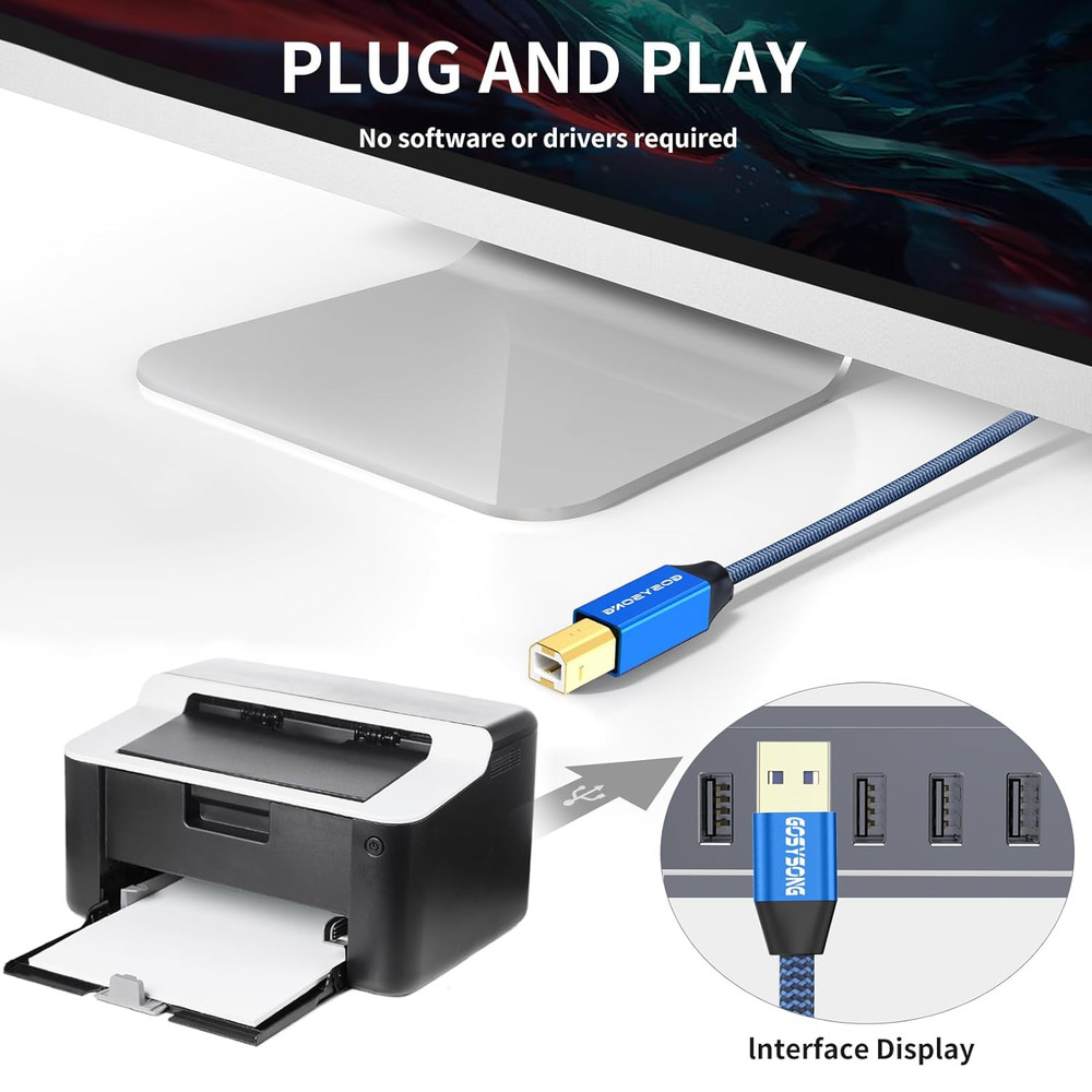 30Ft USB 2.0 Printer Cable - High Speed Type a to Type B, Compatible with HP, Ca