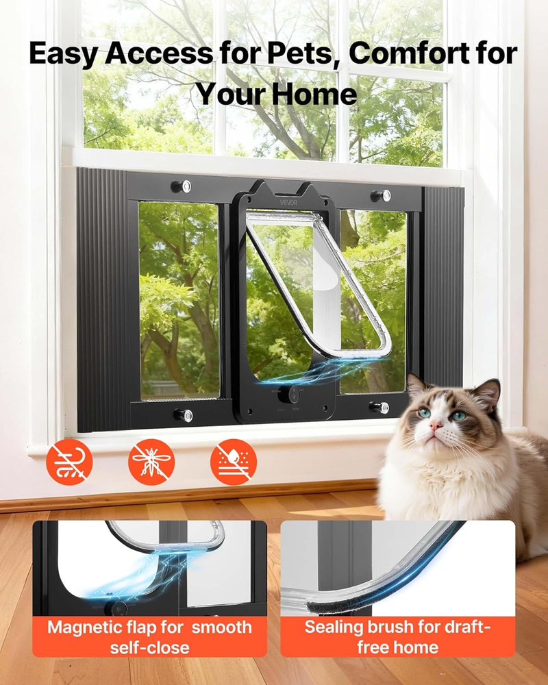 Cat Door for Window, Adjustable to Fit Window Width 31"-36", 4 Secure Lock Modes