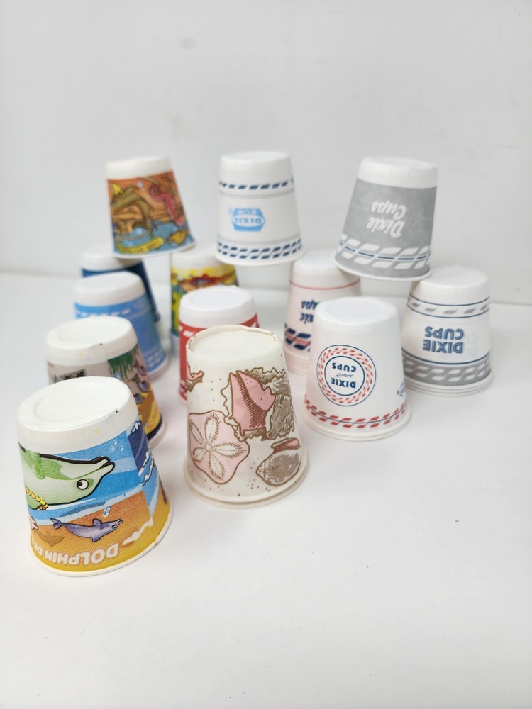 38 Vintage Dixie Cups 3 oz Various Designs Seashell Fish Logo