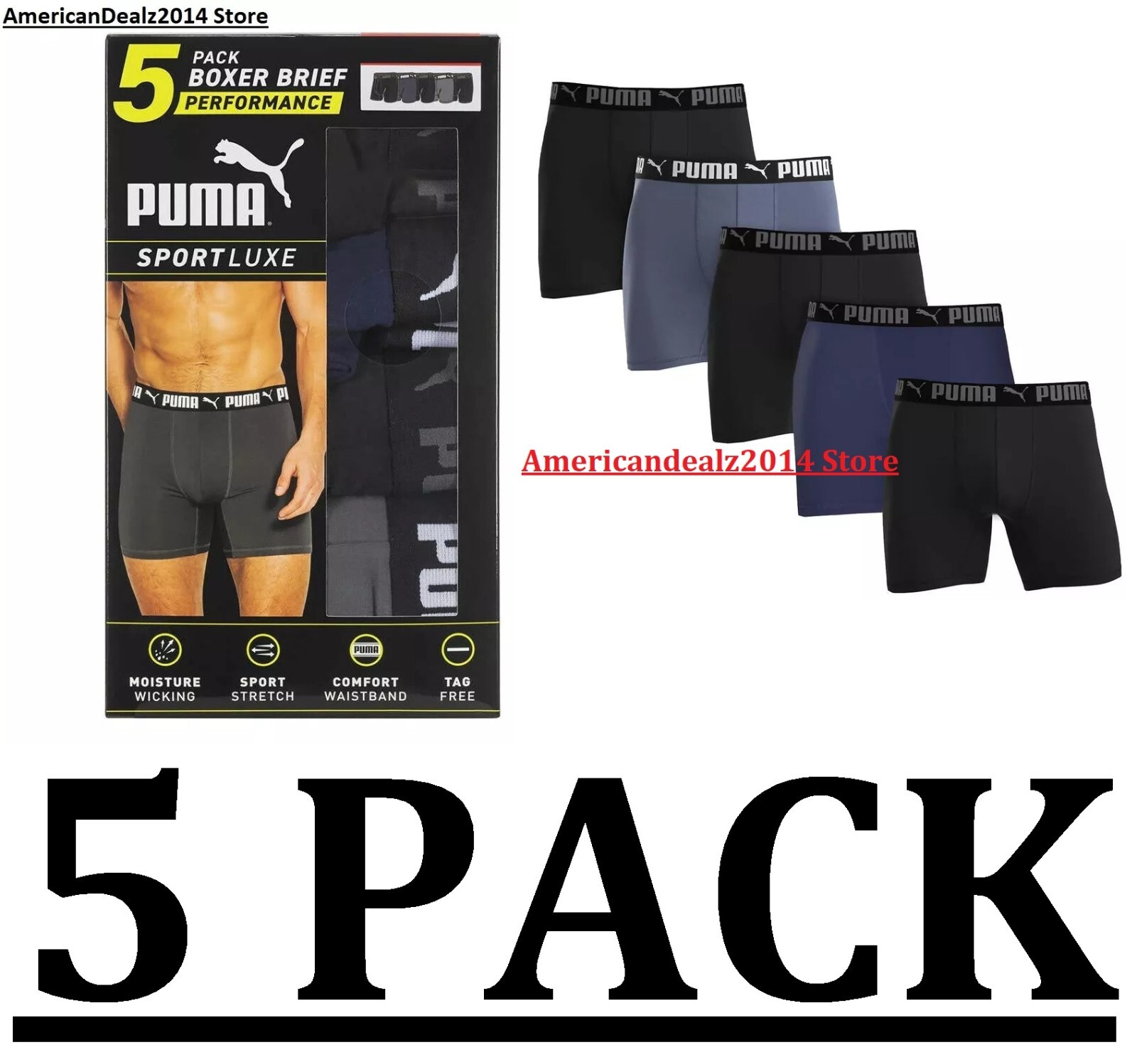 Puma Men's Boxer Briefs, 5 pack - BLACK, BLUE, GRAY (Select Size: Small-XXL)
