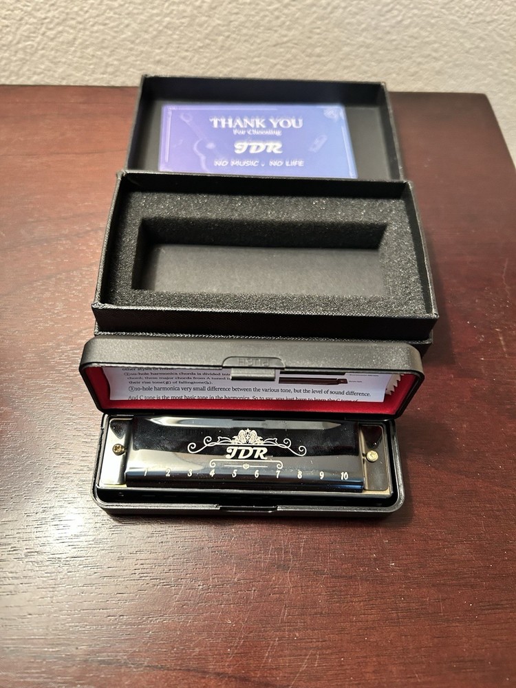 JDR  10 Hole Harmonica With Case, Cleaning Cloth, And Box