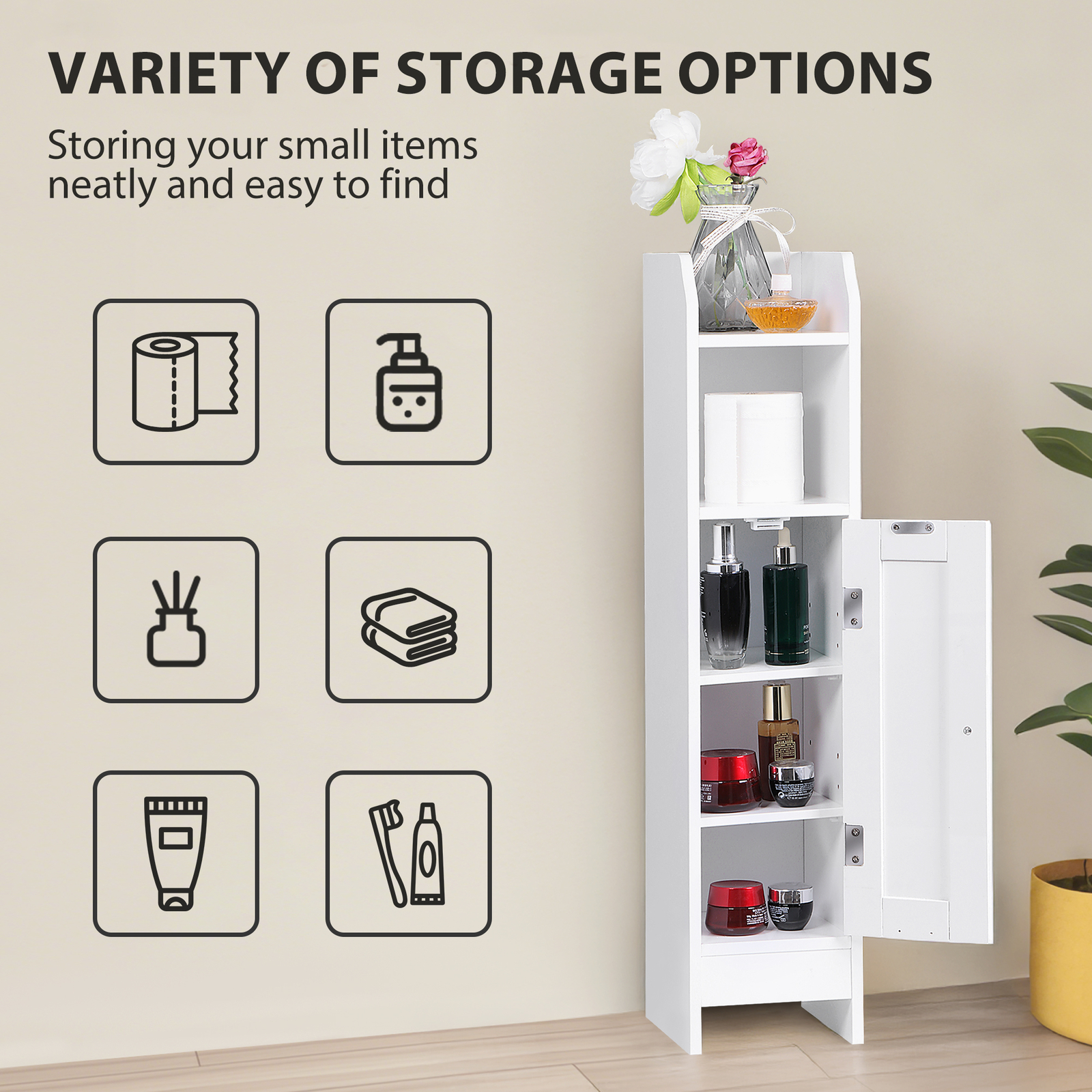 Small Bathroom Storage Cabinet White Floor Standing w/ Door & Shelves Storage