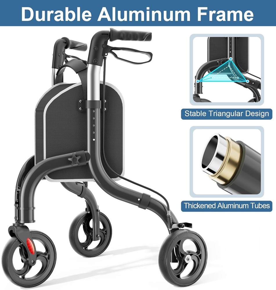 Three Wheel Walker Foldable Aluminum Adjustable Compact Mobility Aid