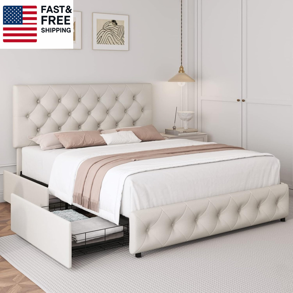 Queen Bed Frame with 4 Storage Drawers and Adjustable Headboard, Upholstered Pla