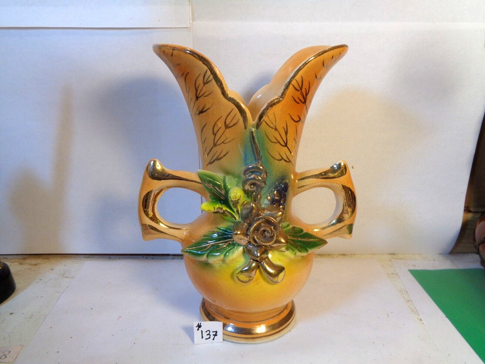 Floral Pattern double Handle 7 3/4: Ceramic Vase, 1982, Mexico (Used)
