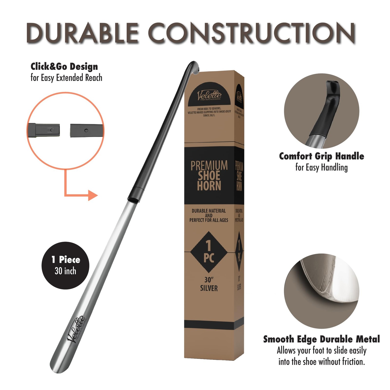 Velette Metal Shoe Horn Long Handle for Seniors - 30" Extra X-Large, Black